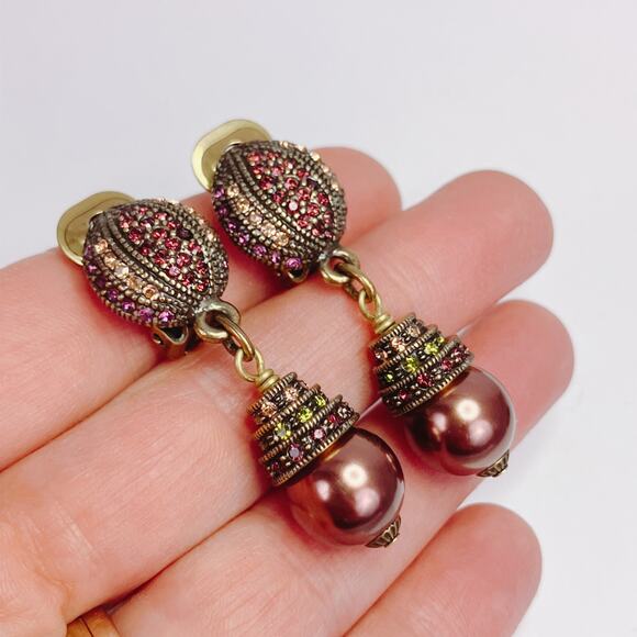 Signed Heidi Daus Fx Pearl Swarovski Crystal Rhinestone Clip On Earrings Vintage - Picture 5 of 16